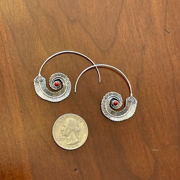 Medium Silver Feather Spiral Earrings in Red or Turquoise Blue #687 - Picture 11 of 15